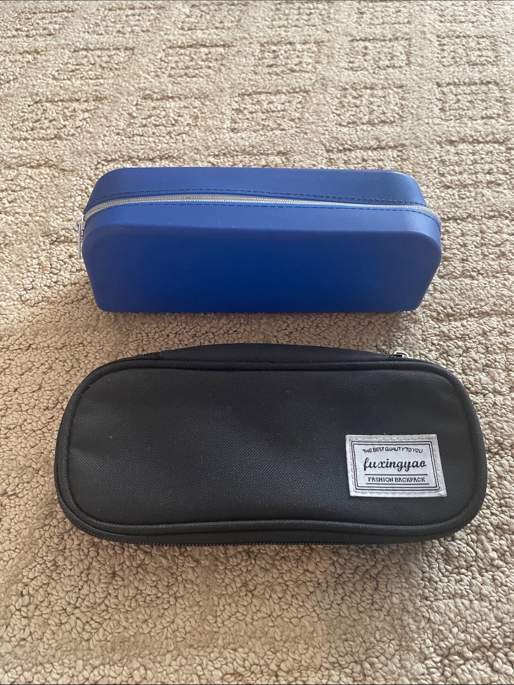 Black 'fuxingyao' Zippered Pencil Case and Blue Hard Shell Case